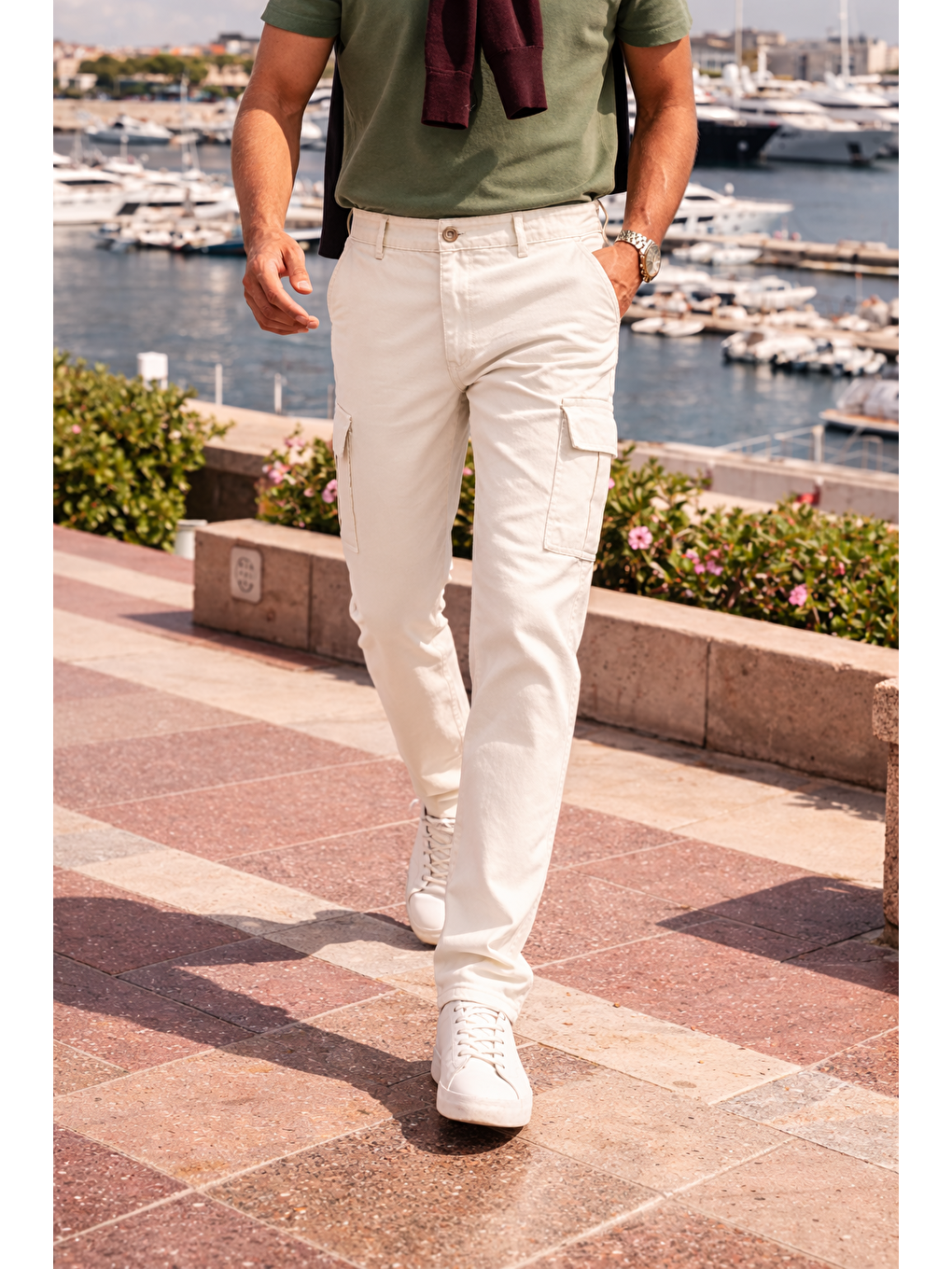 Erkek Relax Fit Beyaz Baggy Kargo Pantolon-2