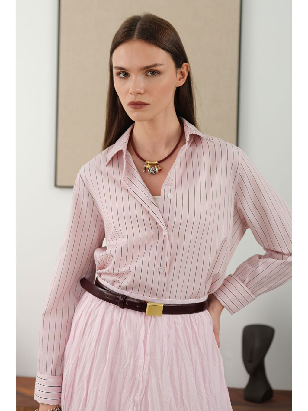 Çizgili Fit Gömlek Pembe-2