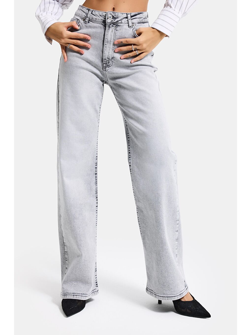 Kadın Gri Renk 4s6-12 Straight Fit Yüksek Bel Elastan Kumaş Denim Jean
