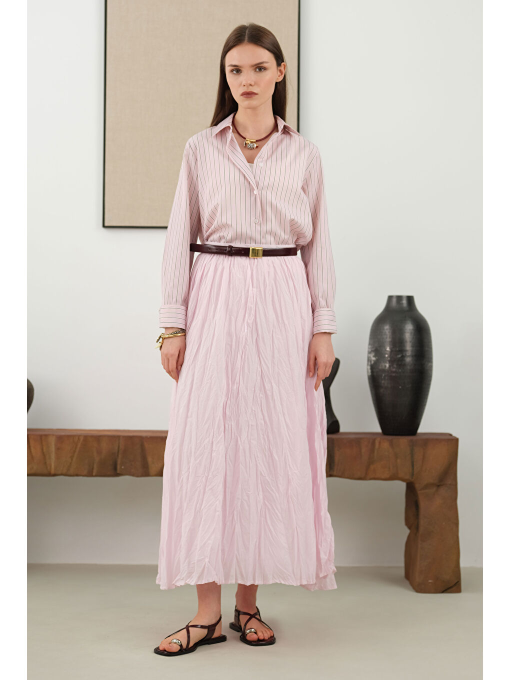 Çizgili Fit Gömlek Pembe-3