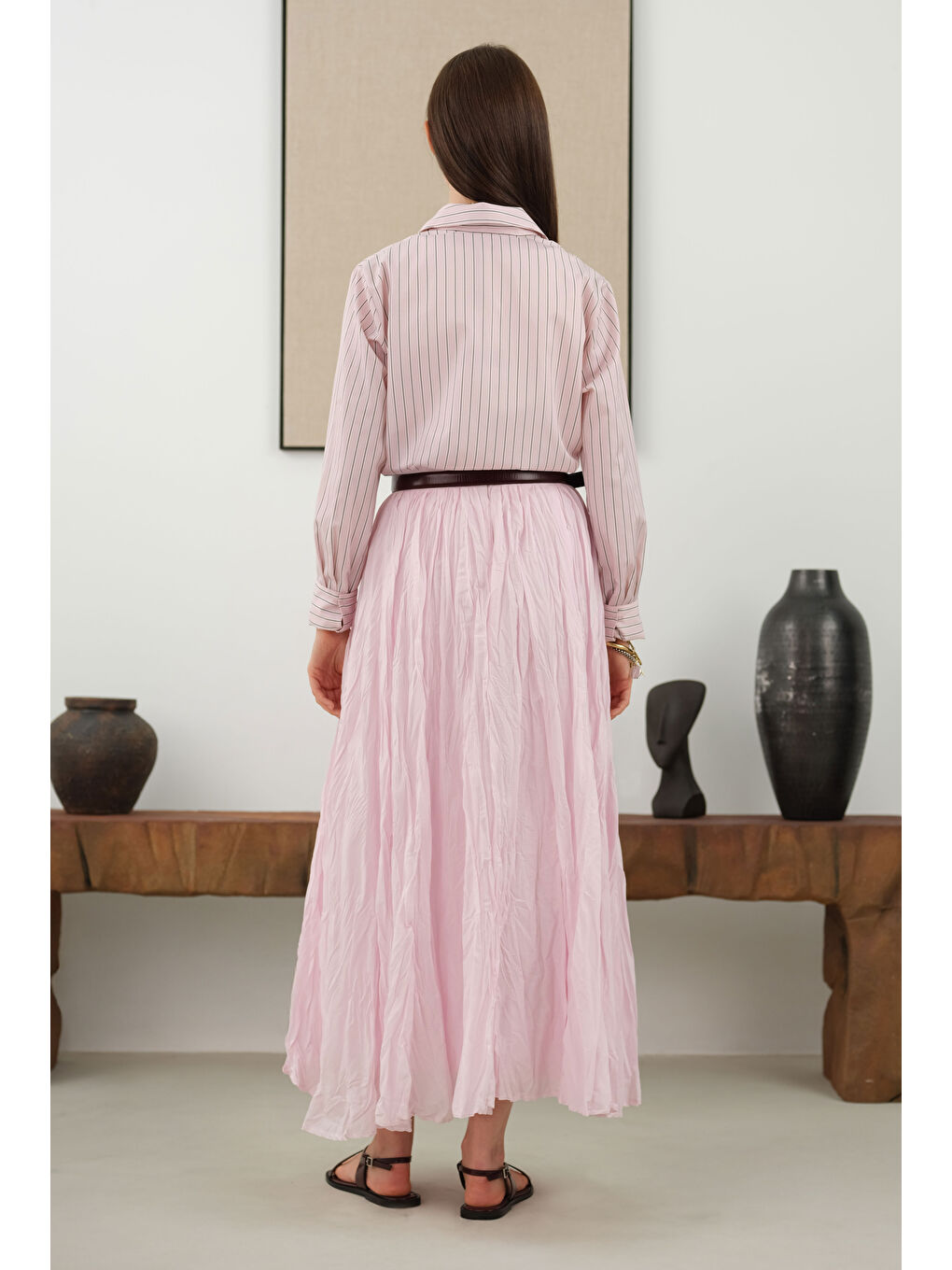 Çizgili Fit Gömlek Pembe-4