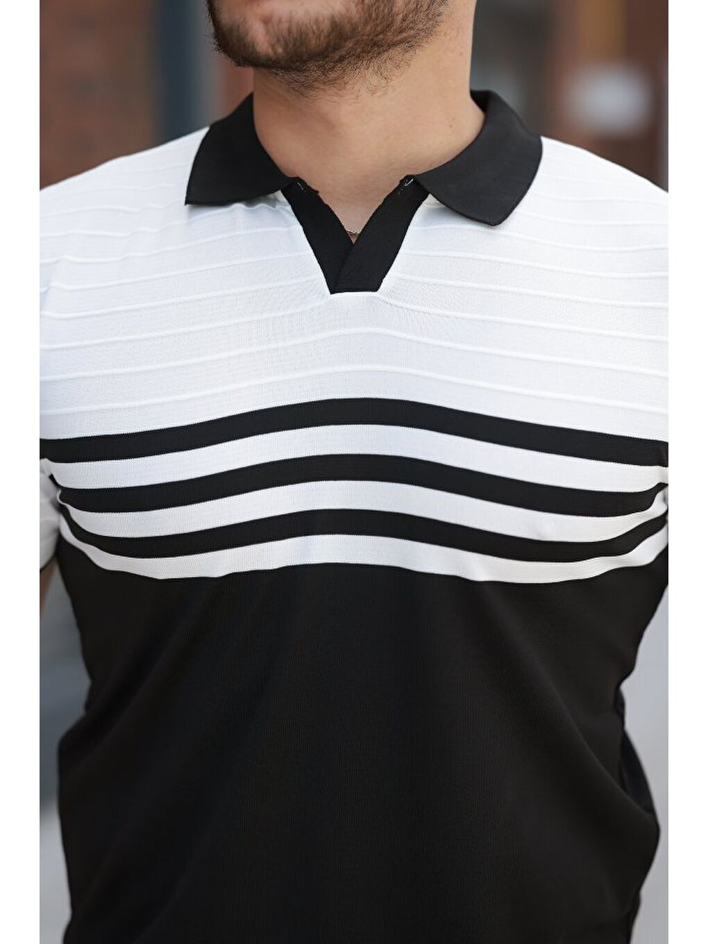 Siyah Erkek çizgi Desenli Yakalı Kısa Kollu T-shirt-2