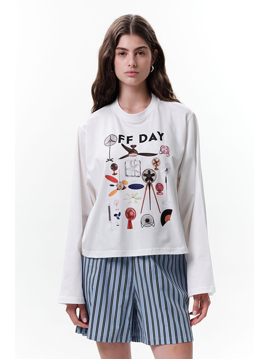 Bej Baskılı Crop Uzun Kol T-Shırt Offday-3