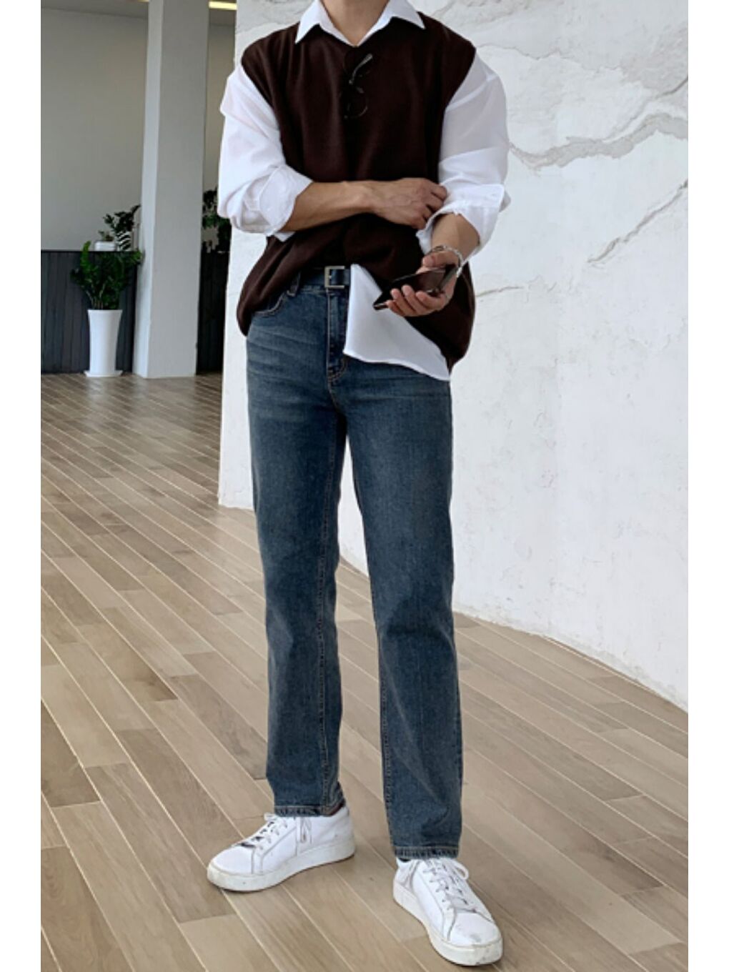 Erkek Kahverengi V Yaka Oversize Süveter-1