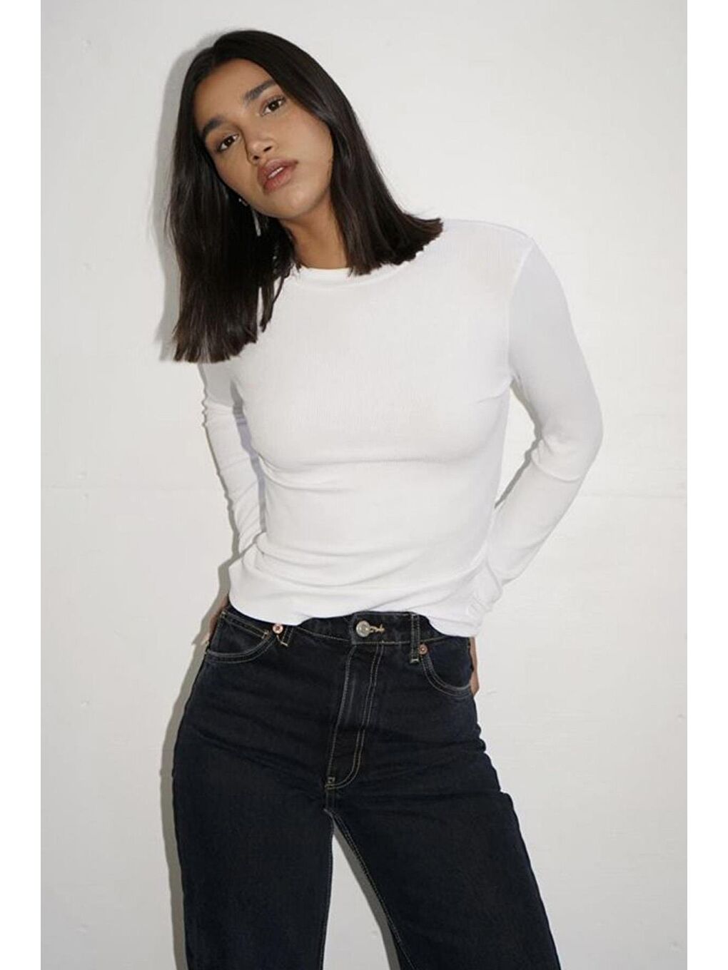 Ekru Bisiklet Yaka Slim Fit Kadın Body Mg2564