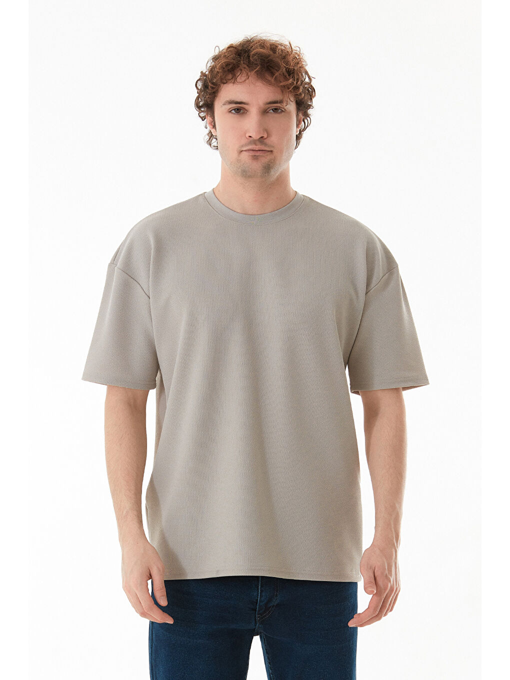 Gri Basic Bisiklet Yaka Tişört-1