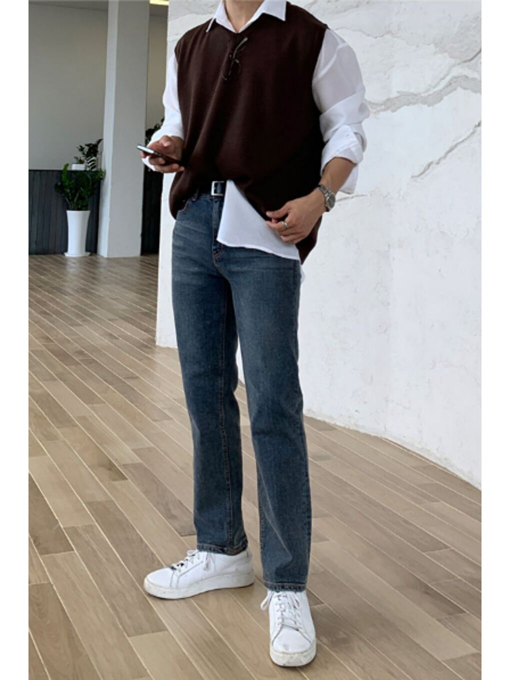 Erkek Kahverengi V Yaka Oversize Süveter-2