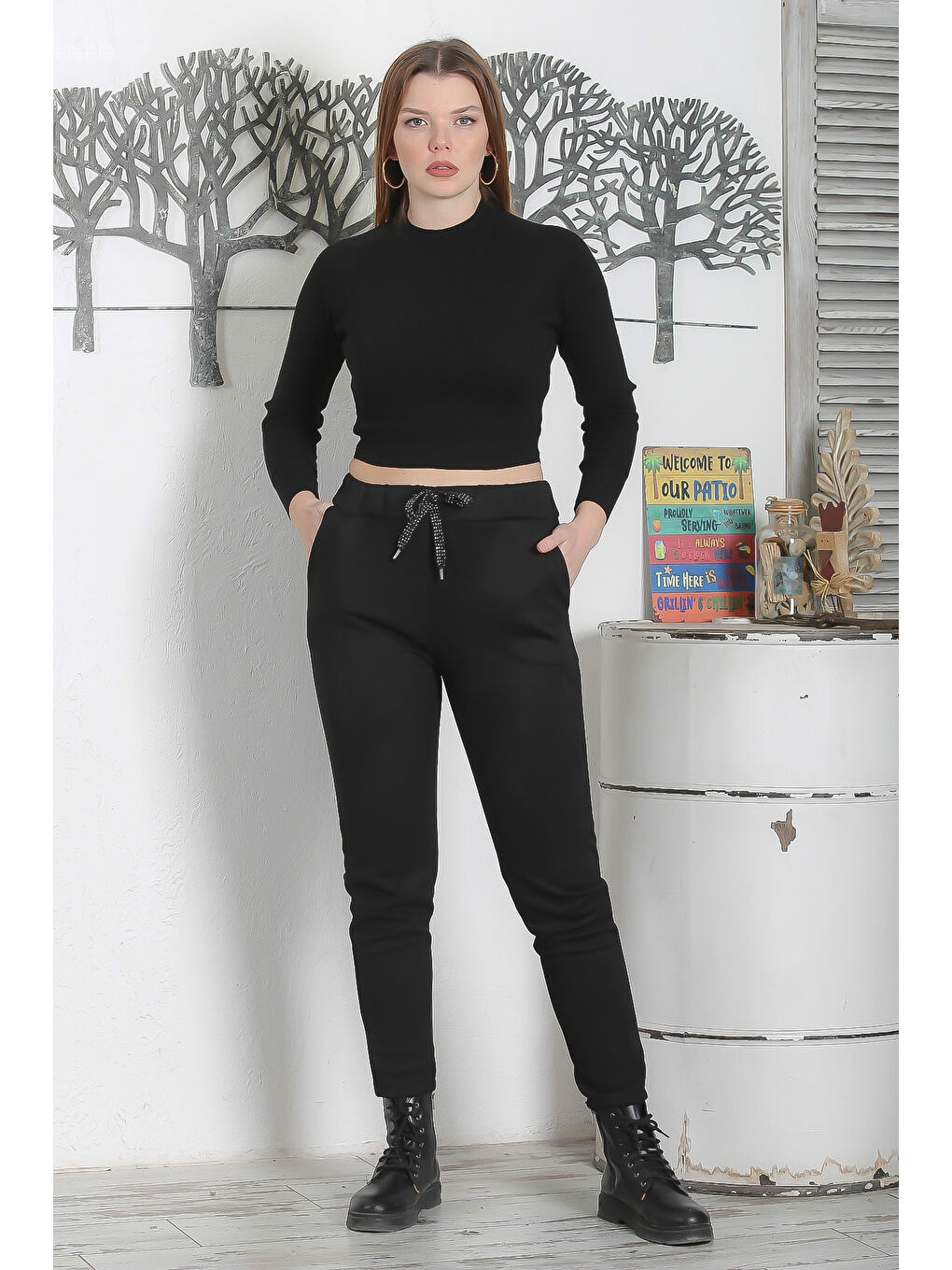 Siyah Lastikli Ve Bağlamalı Bel Dar Paça Casual Süet Dokuma Pantolon-2