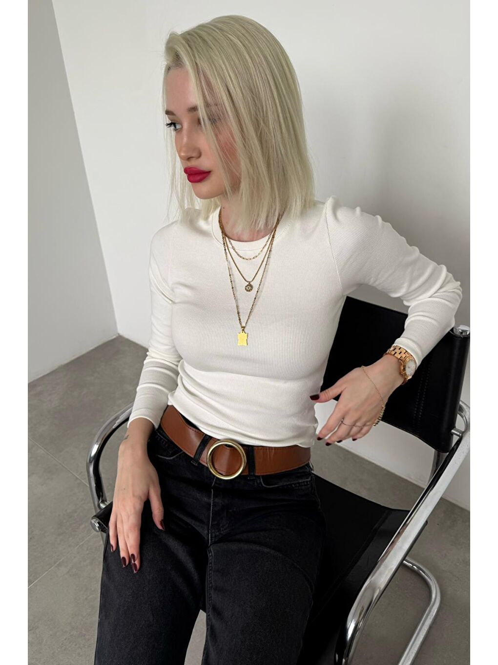 Ekru Bisiklet Yaka Slim Fit Kadın Body Mg2564-2