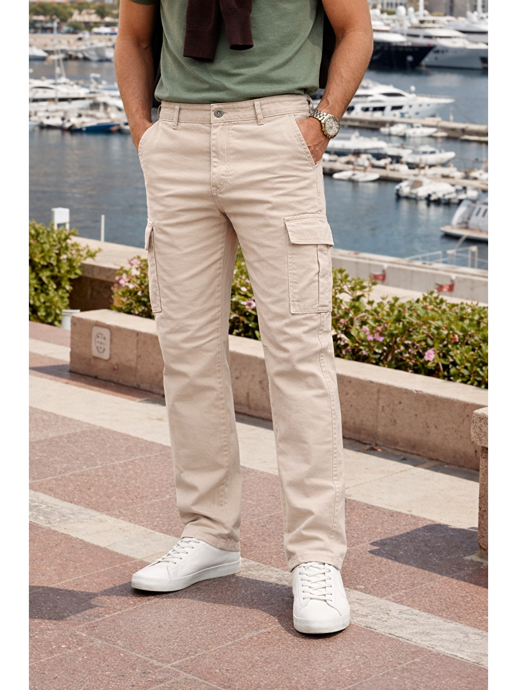 Erkek Relax Fit Bej Baggy Kargo Pantolon