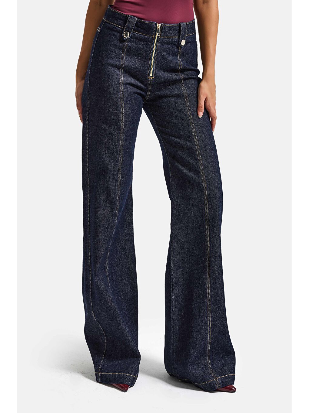 Kadın İndigo 7s6-50 Flare Fit Fermuar Kemer Detaylı Elastan Kumaş Denim Jean