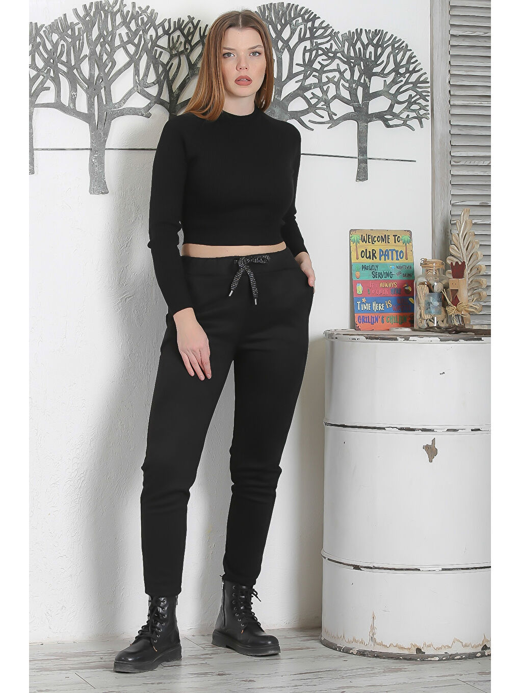 Siyah Lastikli Ve Bağlamalı Bel Dar Paça Casual Süet Dokuma Pantolon-5