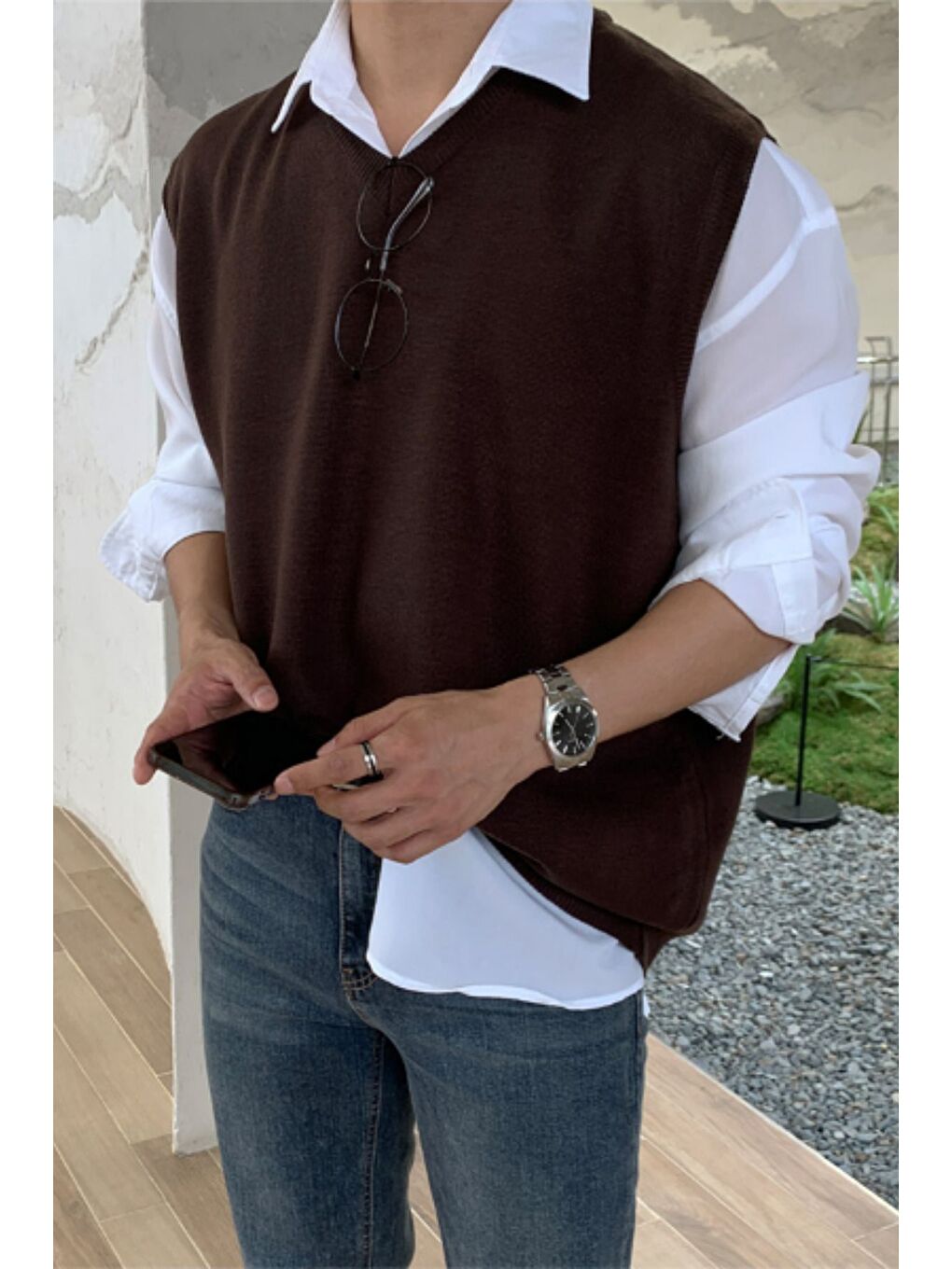 Erkek Kahverengi V Yaka Oversize Süveter-3