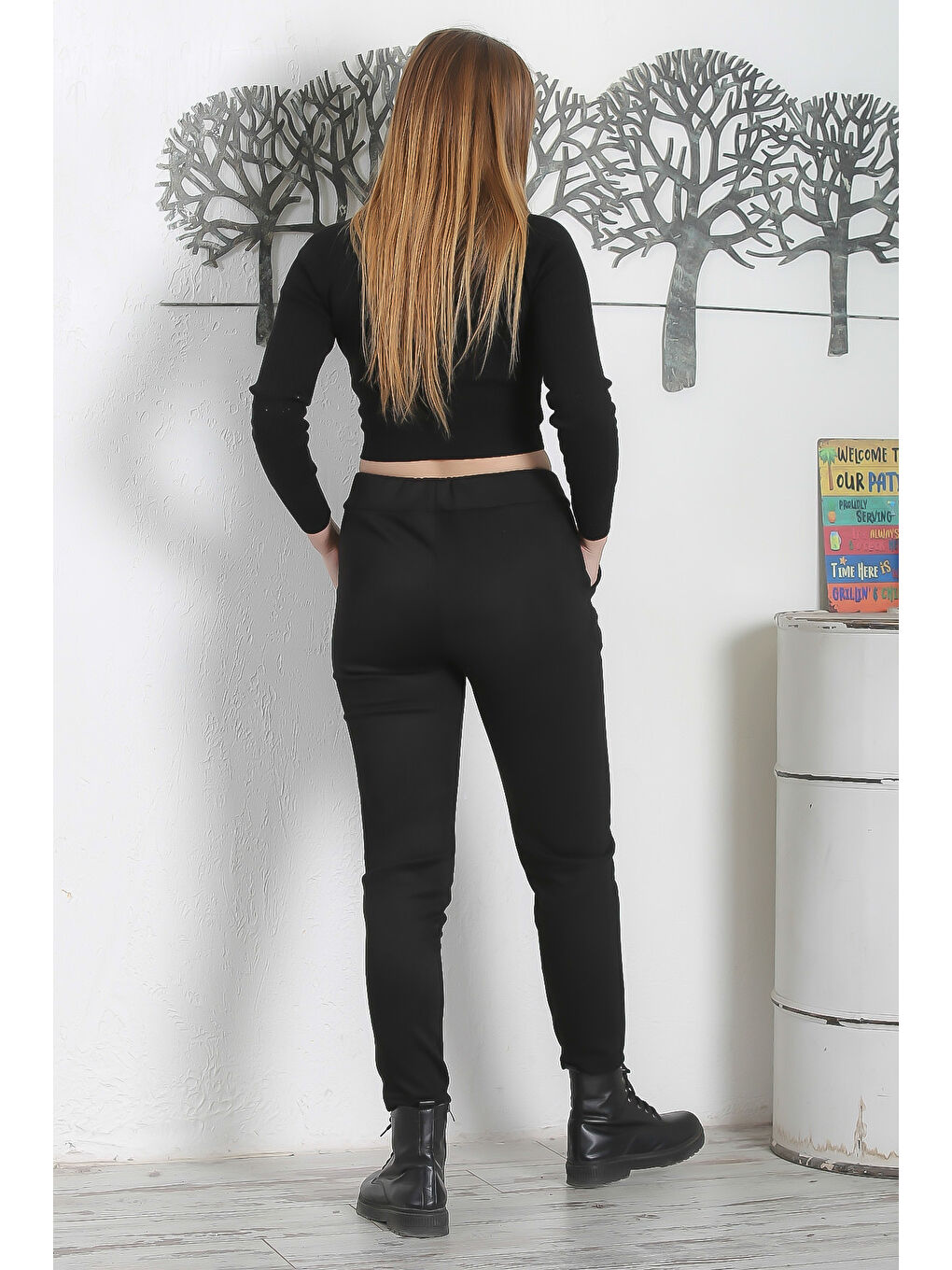 Siyah Lastikli Ve Bağlamalı Bel Dar Paça Casual Süet Dokuma Pantolon-7