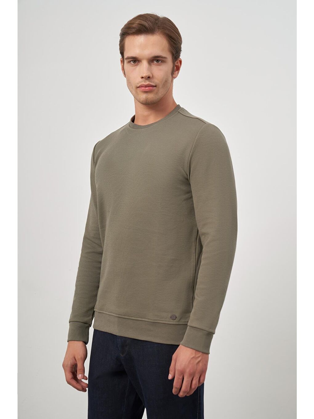 Koyu Haki Örme Bisiklet Yaka Pamuklu Casual Slim Fit Dar Kesim Sweatshirt 1013245150