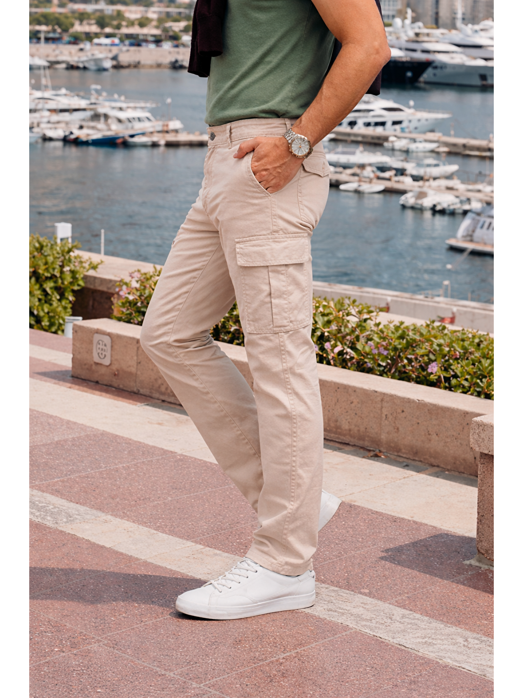 Erkek Relax Fit Bej Baggy Kargo Pantolon-1
