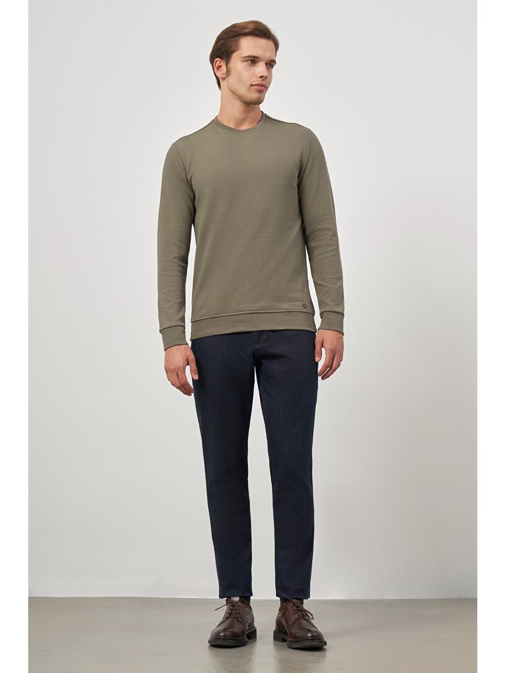 Koyu Haki Örme Bisiklet Yaka Pamuklu Casual Slim Fit Dar Kesim Sweatshirt 1013245150-1