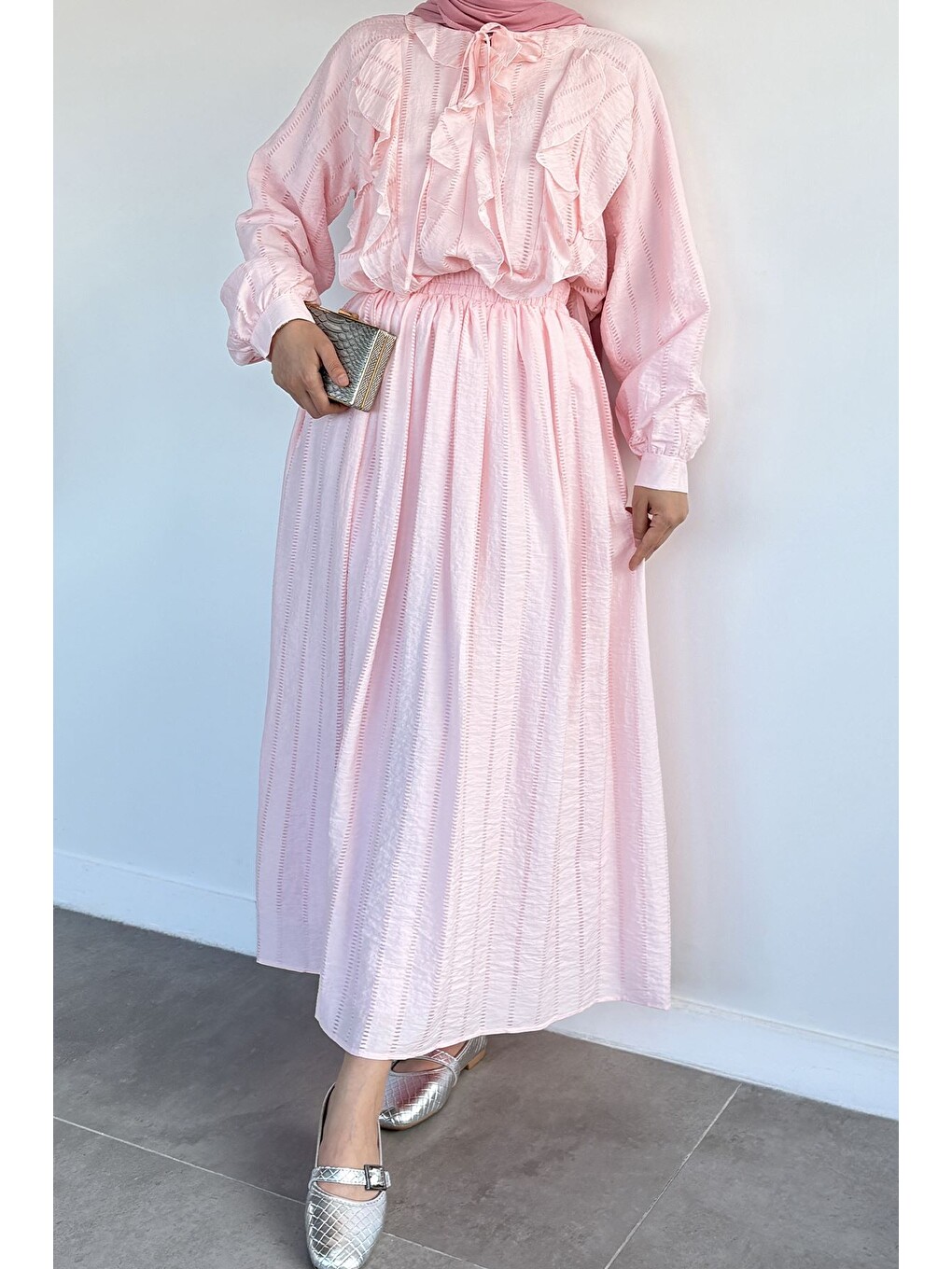 Pembe Bel Lastikli Etek Ön Fırfırlı Bluz Tesettür İkili Takım