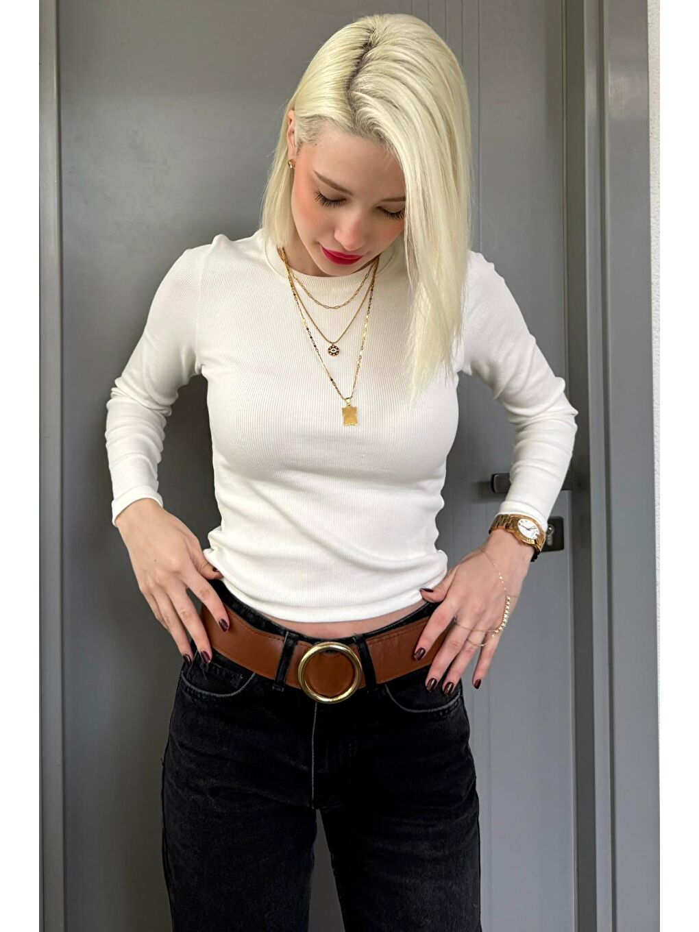 Ekru Bisiklet Yaka Slim Fit Kadın Body Mg2564-4