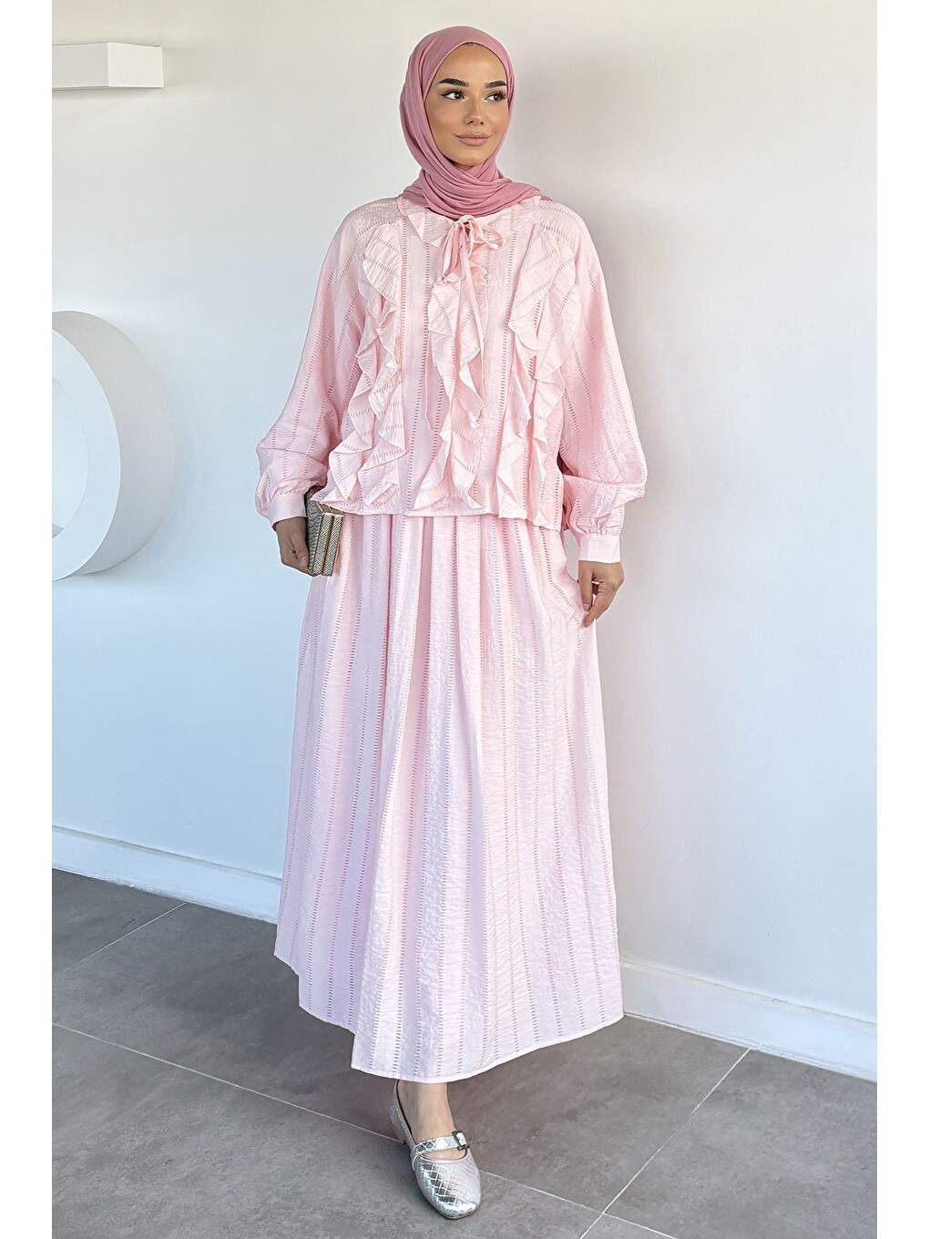 Pembe Bel Lastikli Etek Ön Fırfırlı Bluz Tesettür İkili Takım-1