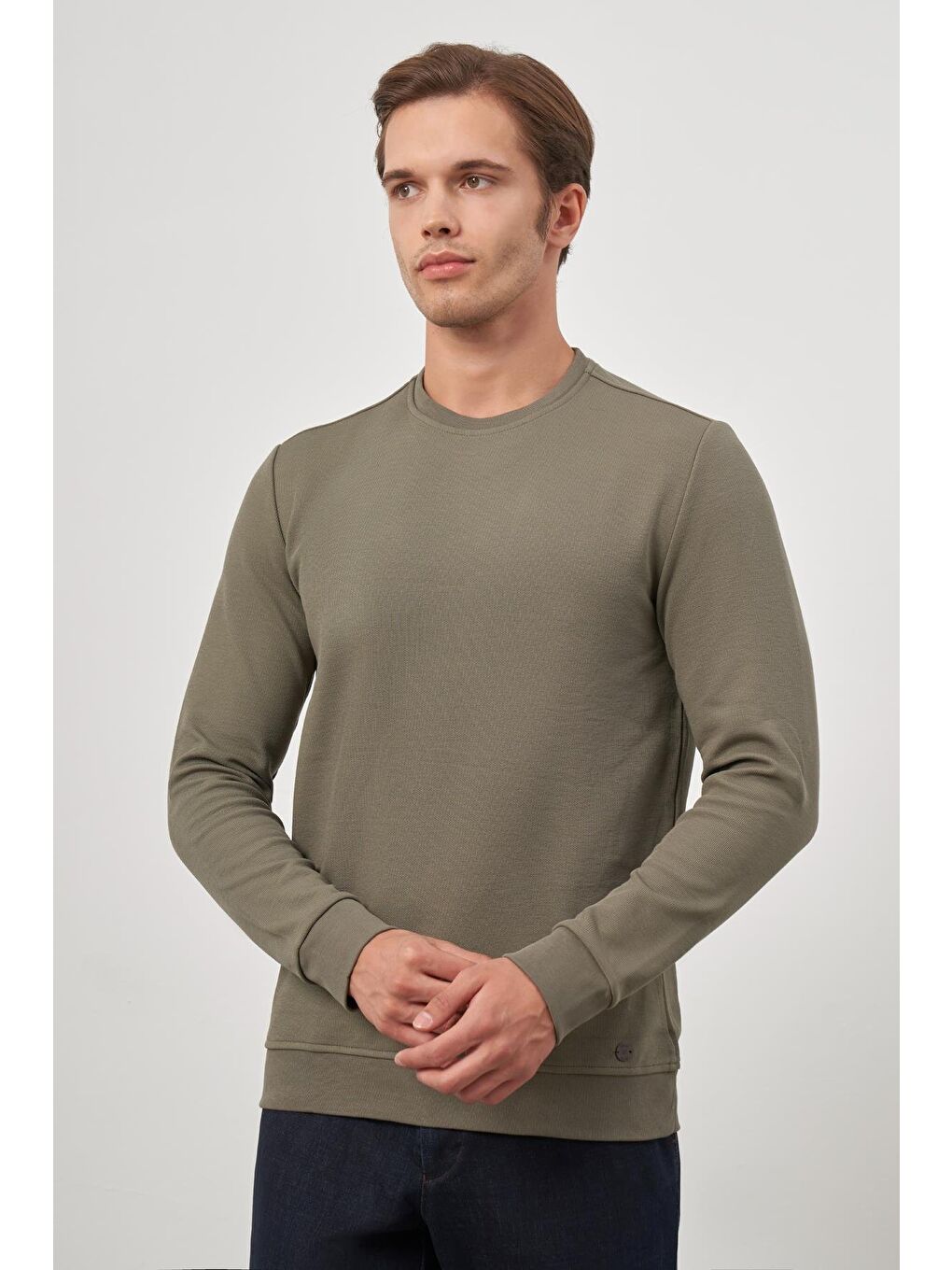 Koyu Haki Örme Bisiklet Yaka Pamuklu Casual Slim Fit Dar Kesim Sweatshirt 1013245150-2