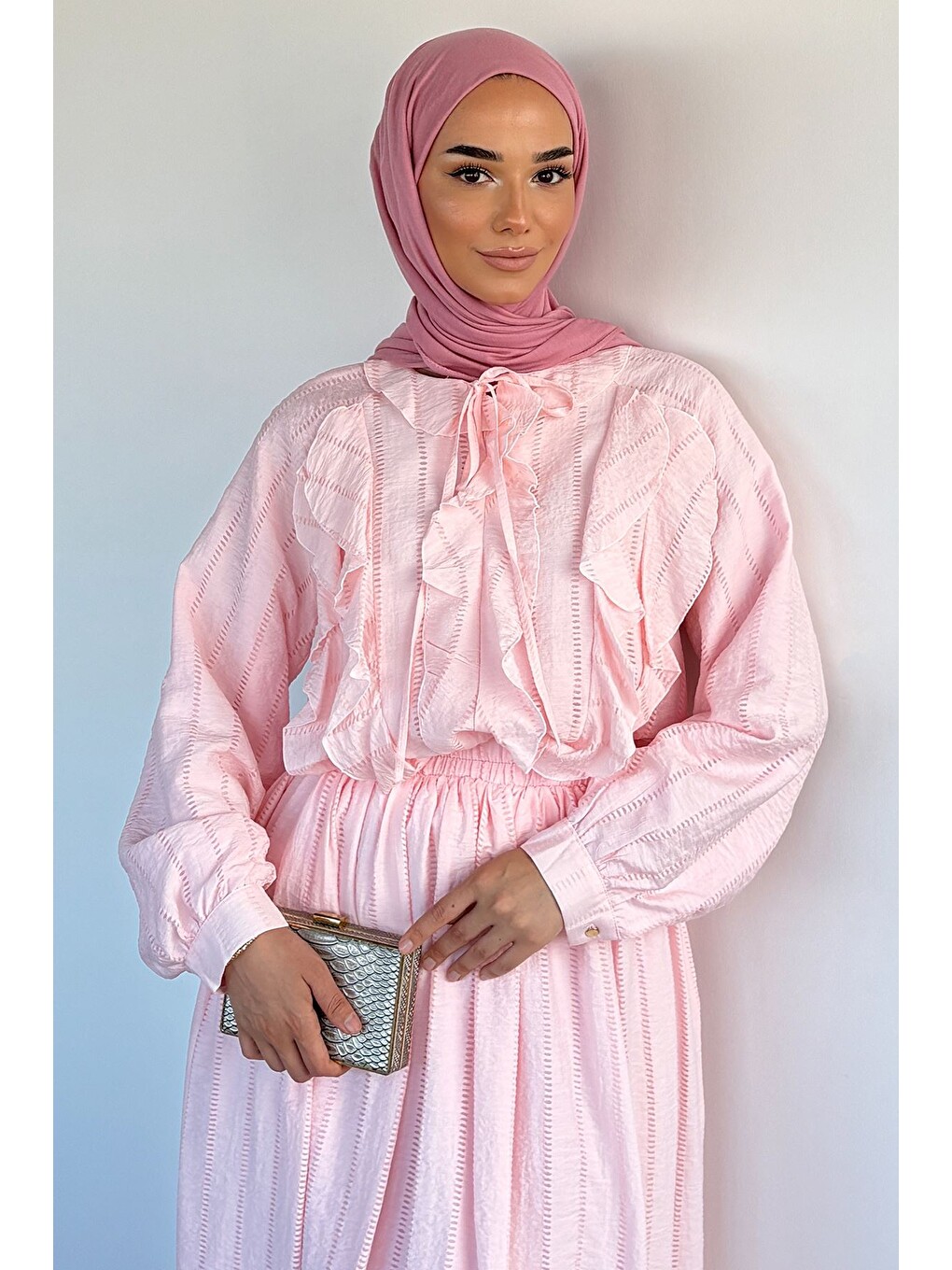 Pembe Bel Lastikli Etek Ön Fırfırlı Bluz Tesettür İkili Takım-2