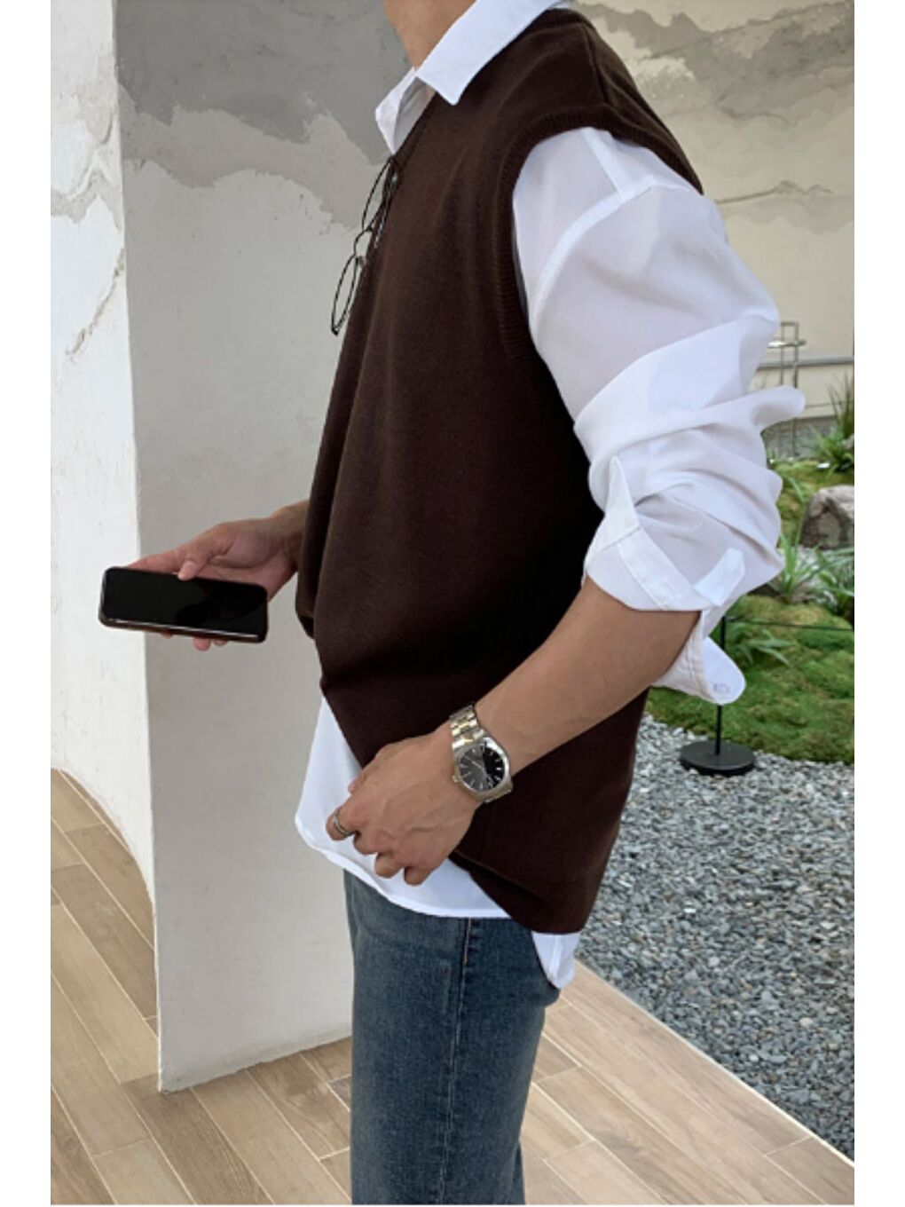 Erkek Kahverengi V Yaka Oversize Süveter-4