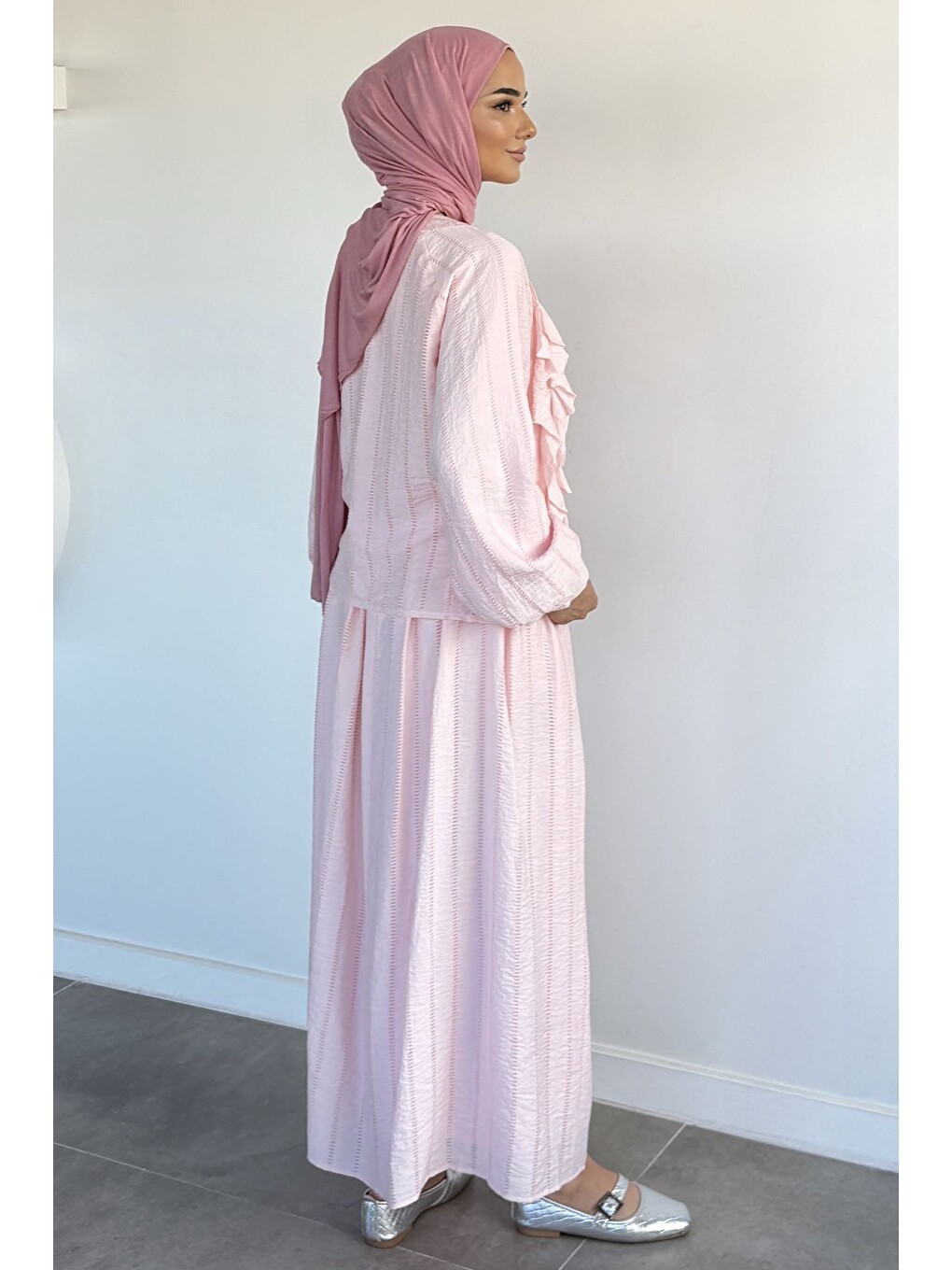 Pembe Bel Lastikli Etek Ön Fırfırlı Bluz Tesettür İkili Takım-3