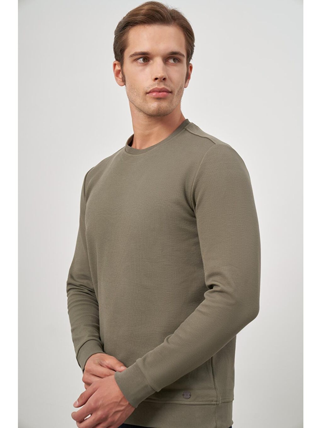 Koyu Haki Örme Bisiklet Yaka Pamuklu Casual Slim Fit Dar Kesim Sweatshirt 1013245150-3