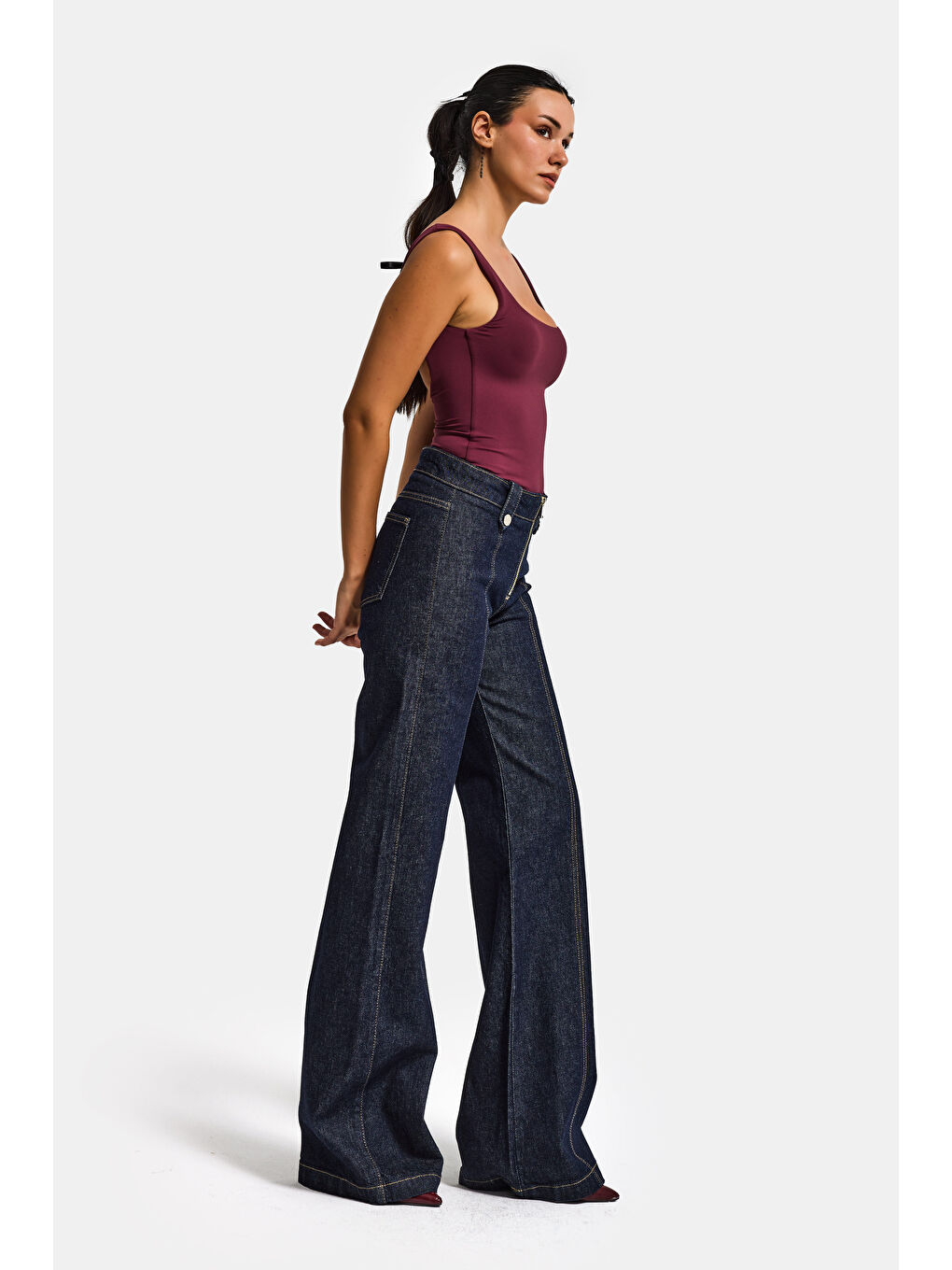 Kadın İndigo 7s6-50 Flare Fit Fermuar Kemer Detaylı Elastan Kumaş Denim Jean-1