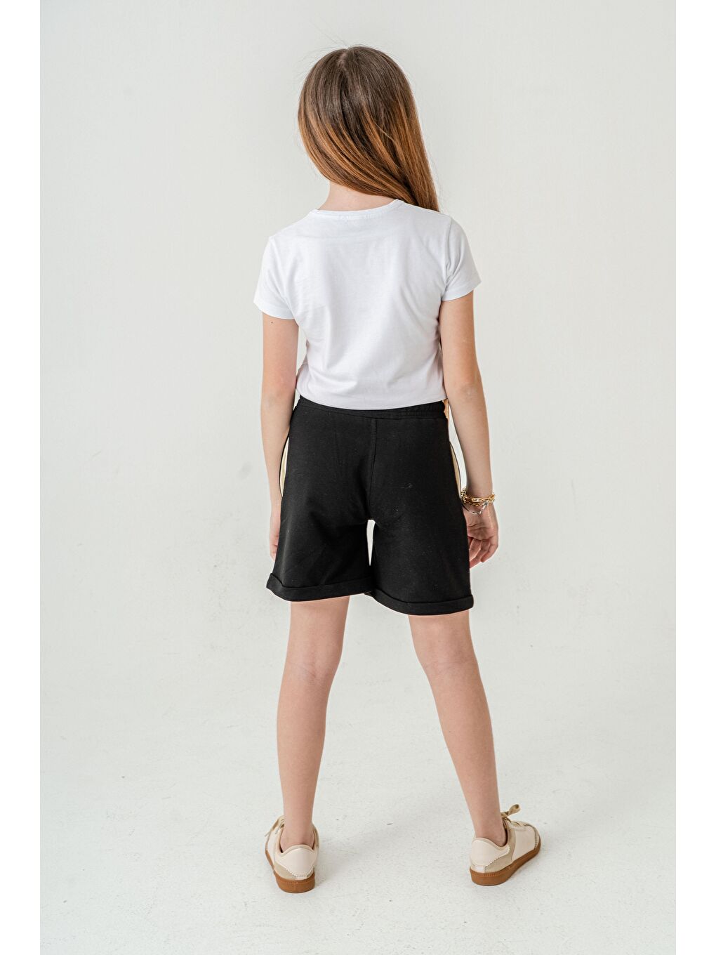 Siyah Duble Paça Kemer Kordonlu Kız Çocuk Şort-4