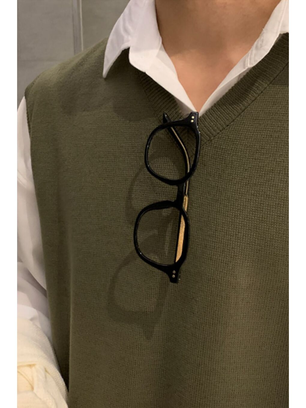 Erkek Haki V Yaka Oversize Süveter-2