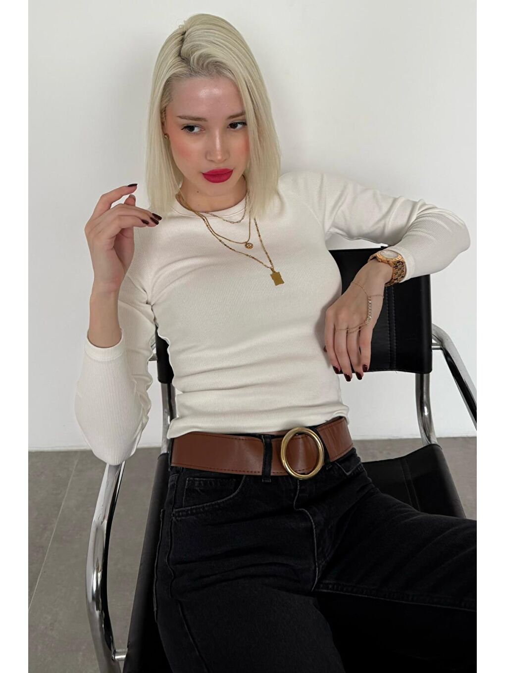 Ekru Bisiklet Yaka Slim Fit Kadın Body Mg2564-5