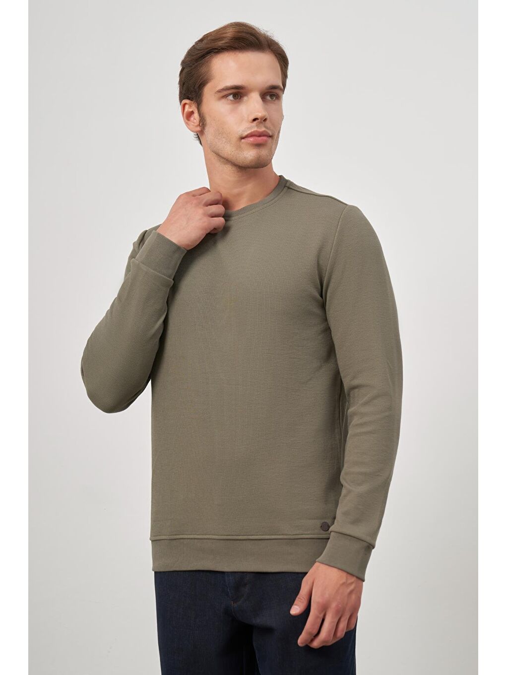 Koyu Haki Örme Bisiklet Yaka Pamuklu Casual Slim Fit Dar Kesim Sweatshirt 1013245150-4