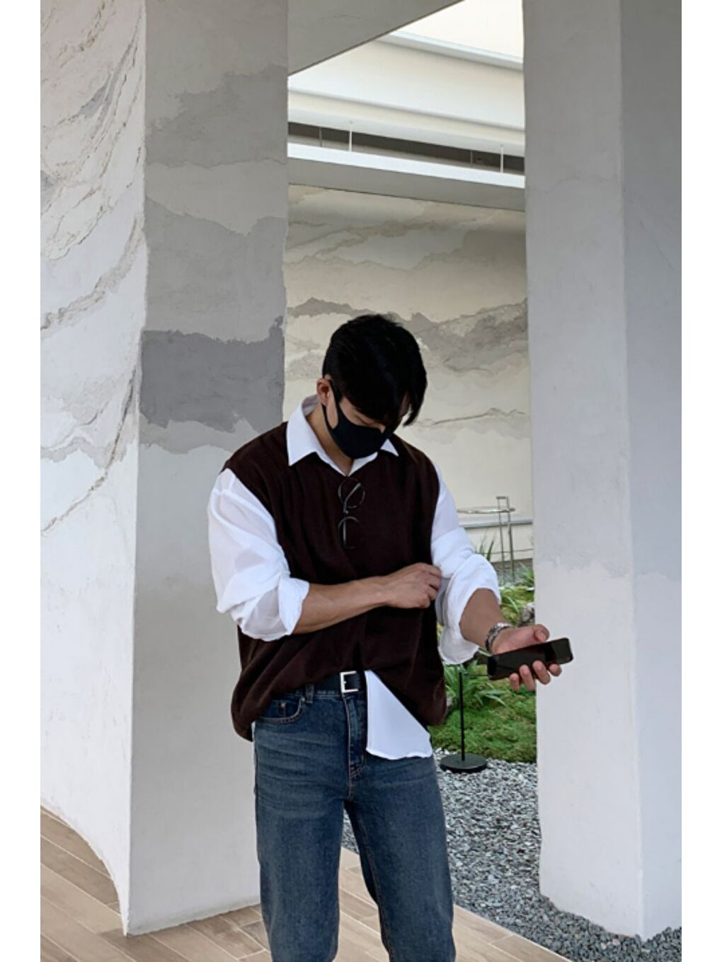 Erkek Kahverengi V Yaka Oversize Süveter-5