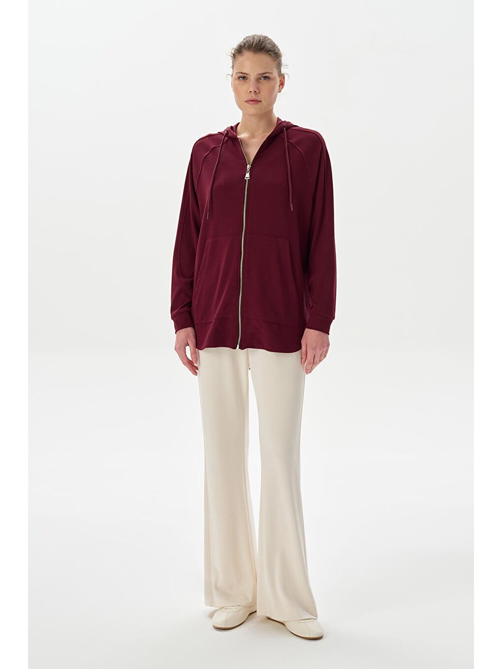 Modal Örme Kapüşonlu Oversize Hırka Bordo