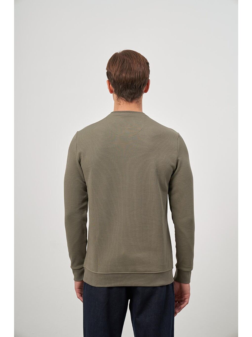 Koyu Haki Örme Bisiklet Yaka Pamuklu Casual Slim Fit Dar Kesim Sweatshirt 1013245150-6