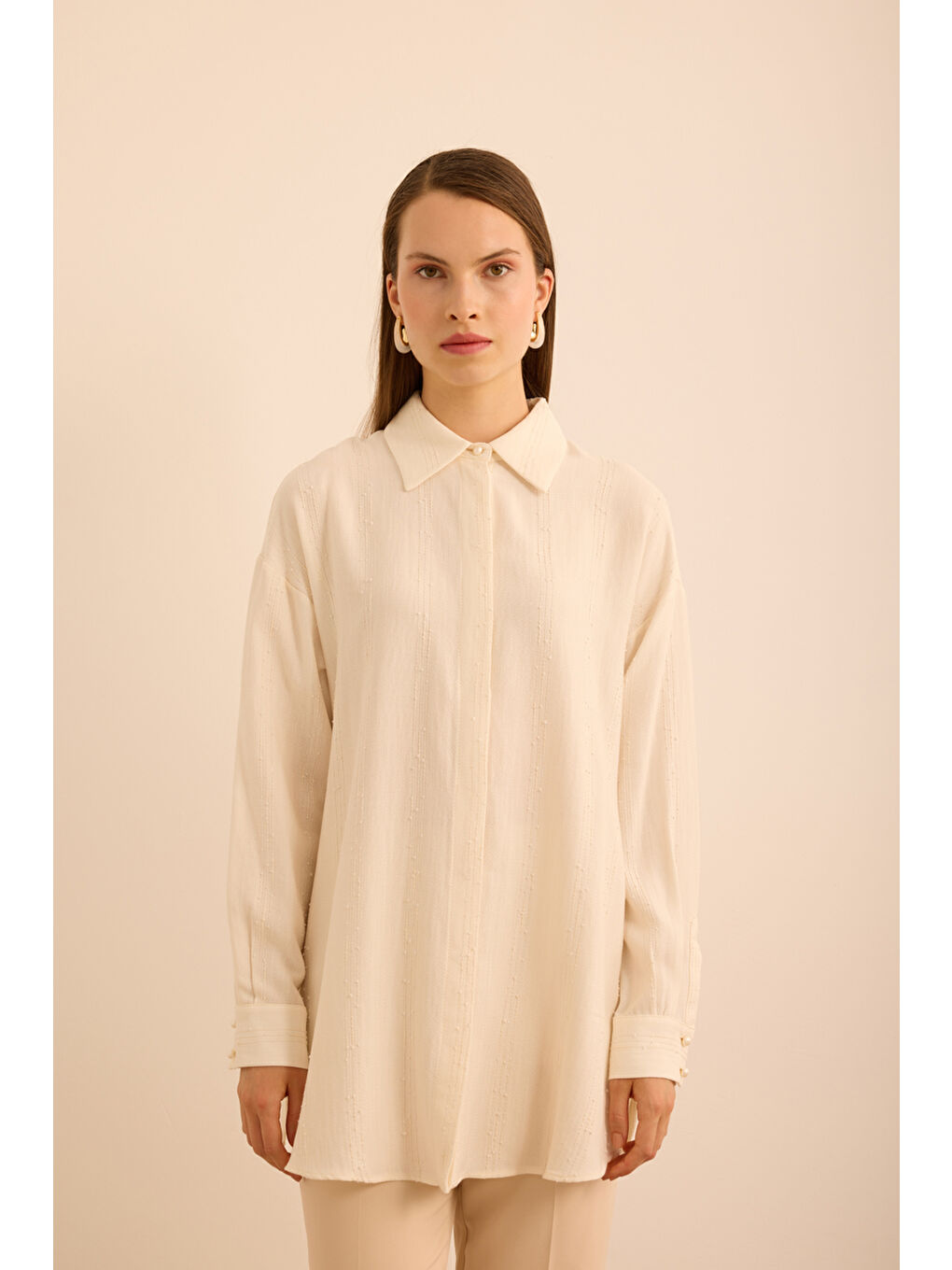Ekru Bürümcük İp Dokulu , Viscon Keten Tunik