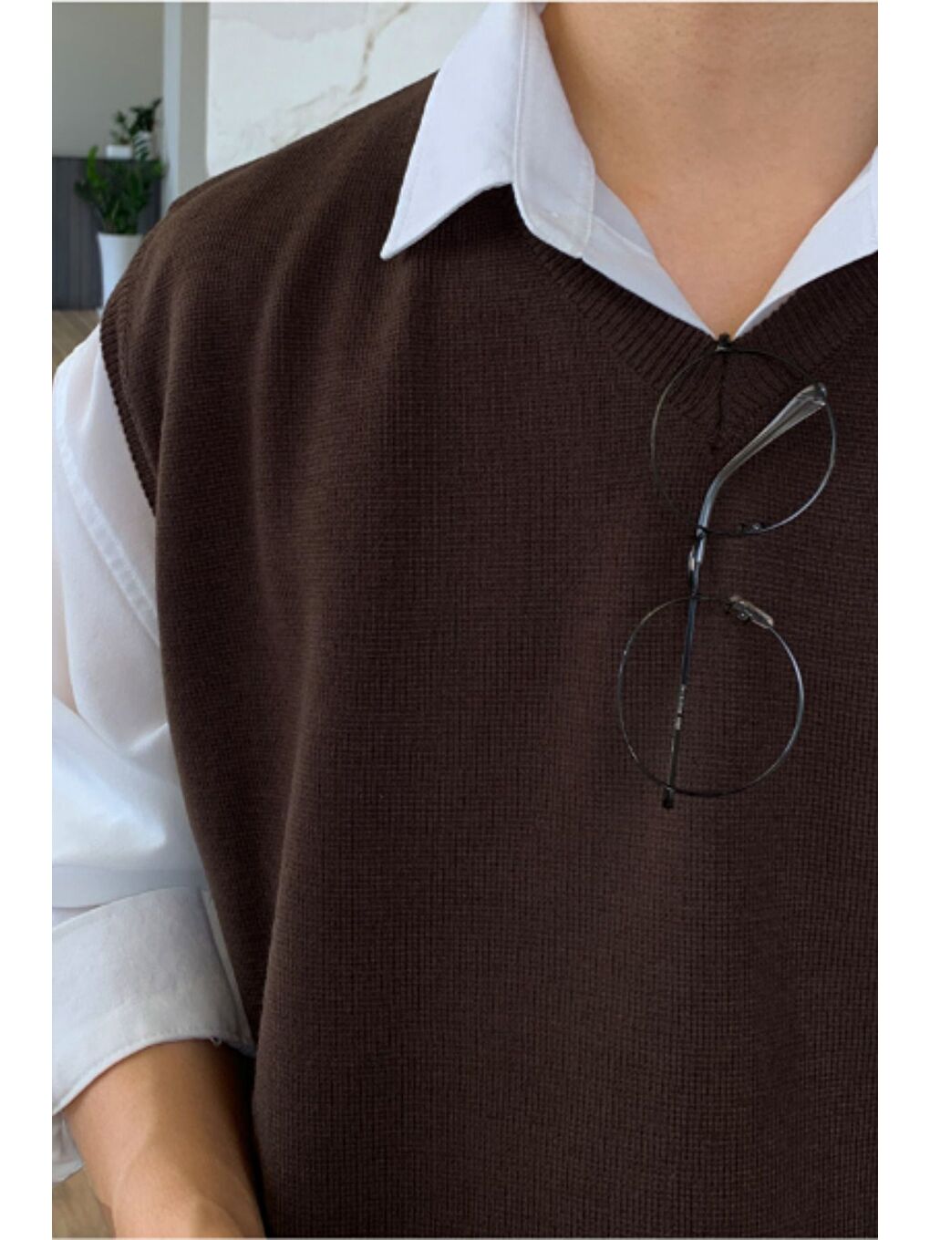 Erkek Kahverengi V Yaka Oversize Süveter-6