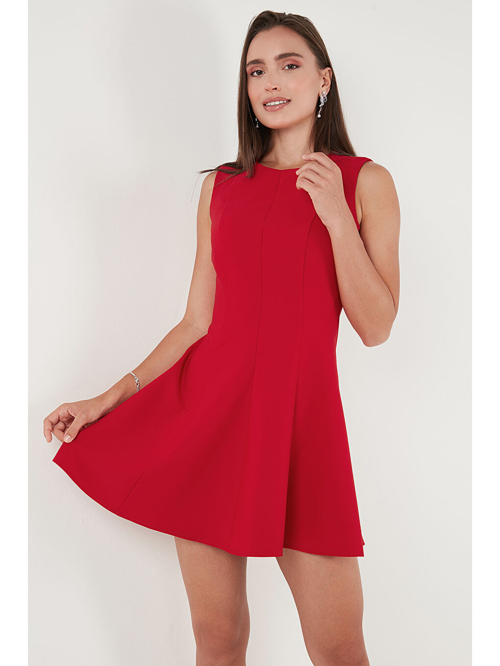 Kırmızı Regular Fit Bisiklet Yaka Volanlı Mini Boy Elbise 6525647-2