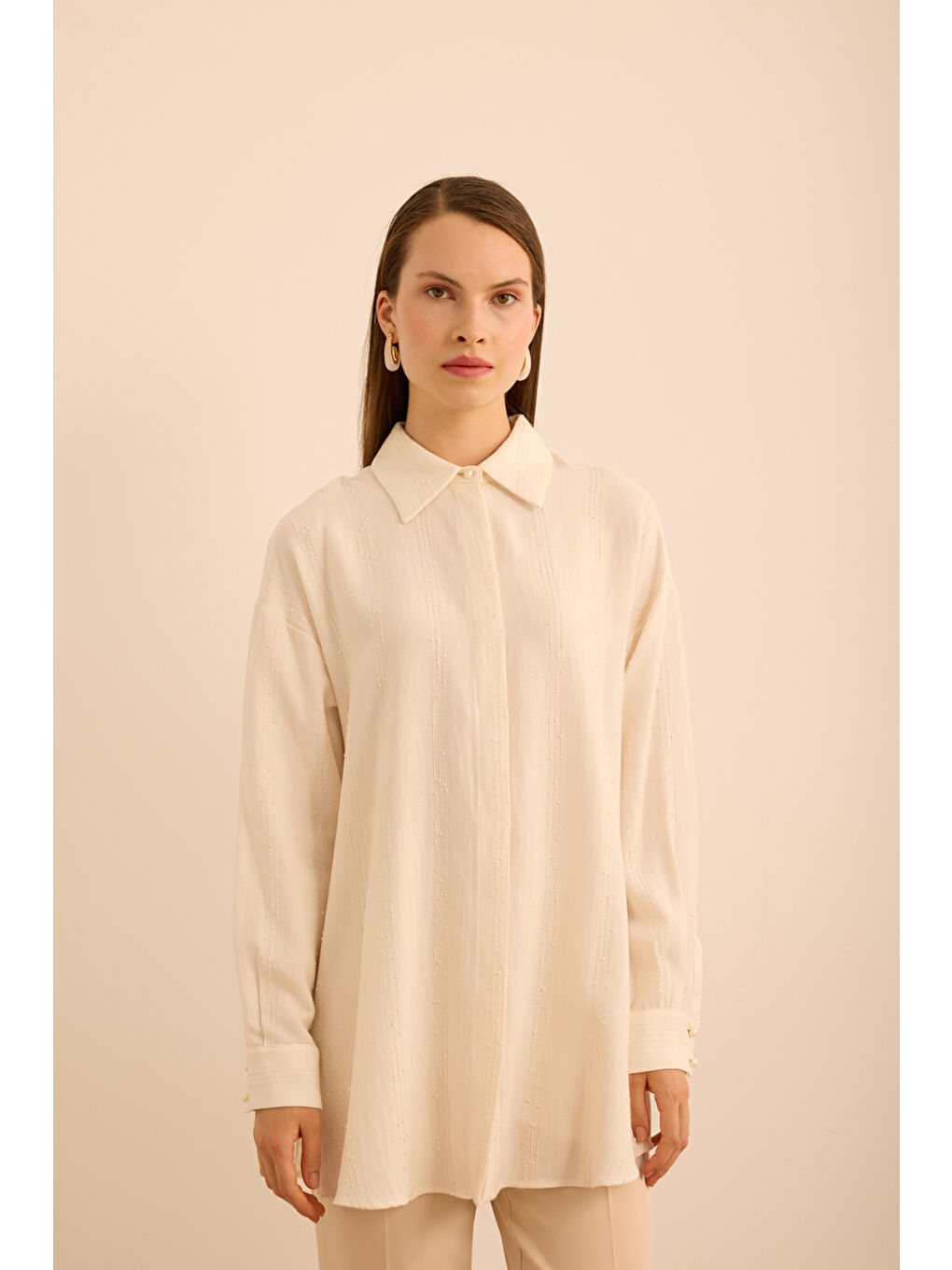 Ekru Bürümcük İp Dokulu , Viscon Keten Tunik-1