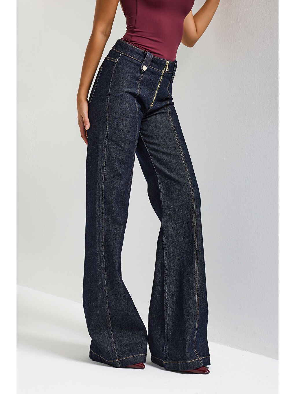 Kadın İndigo 7s6-50 Flare Fit Fermuar Kemer Detaylı Elastan Kumaş Denim Jean-4