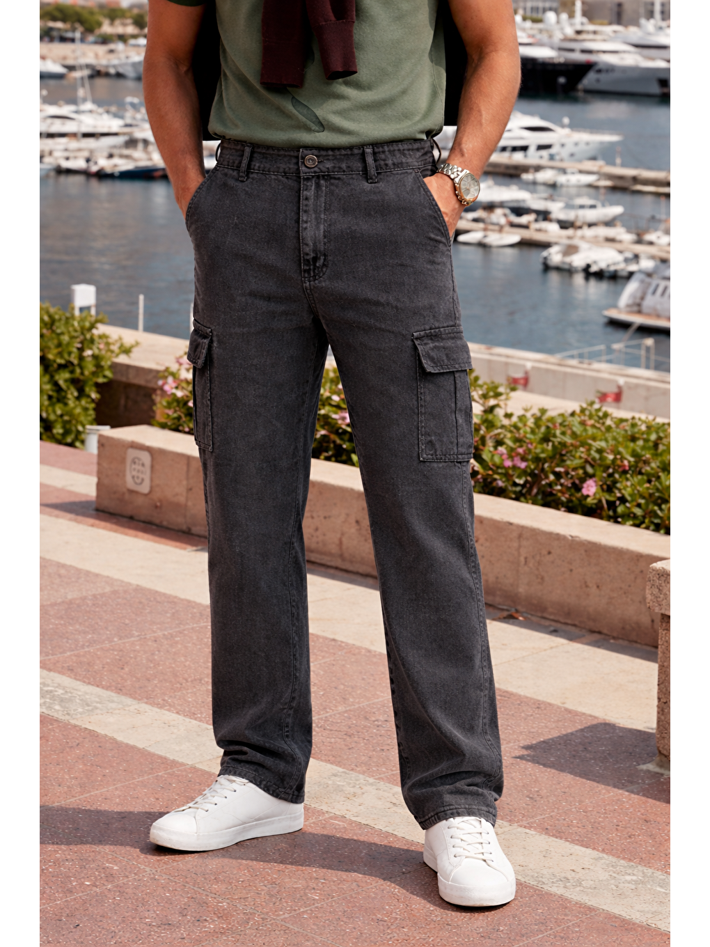 Erkek Relax Fit Antrasit Baggy Kargo Pantolon