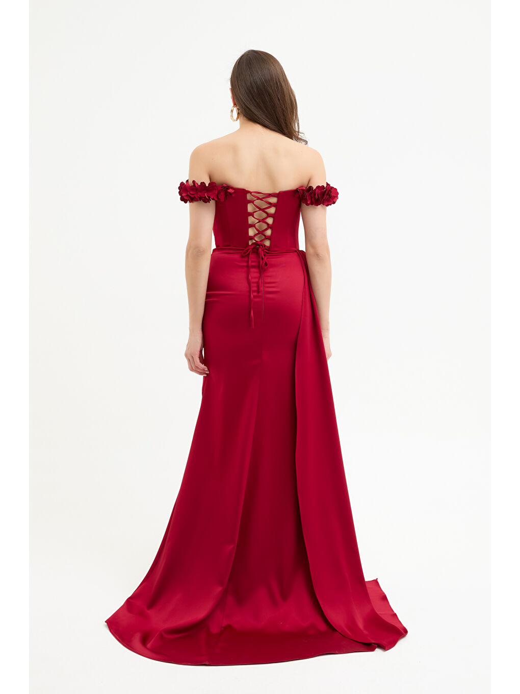 Kadın Bordo Yaka Çiçekli Uzun Saten Abiye Elbise-4