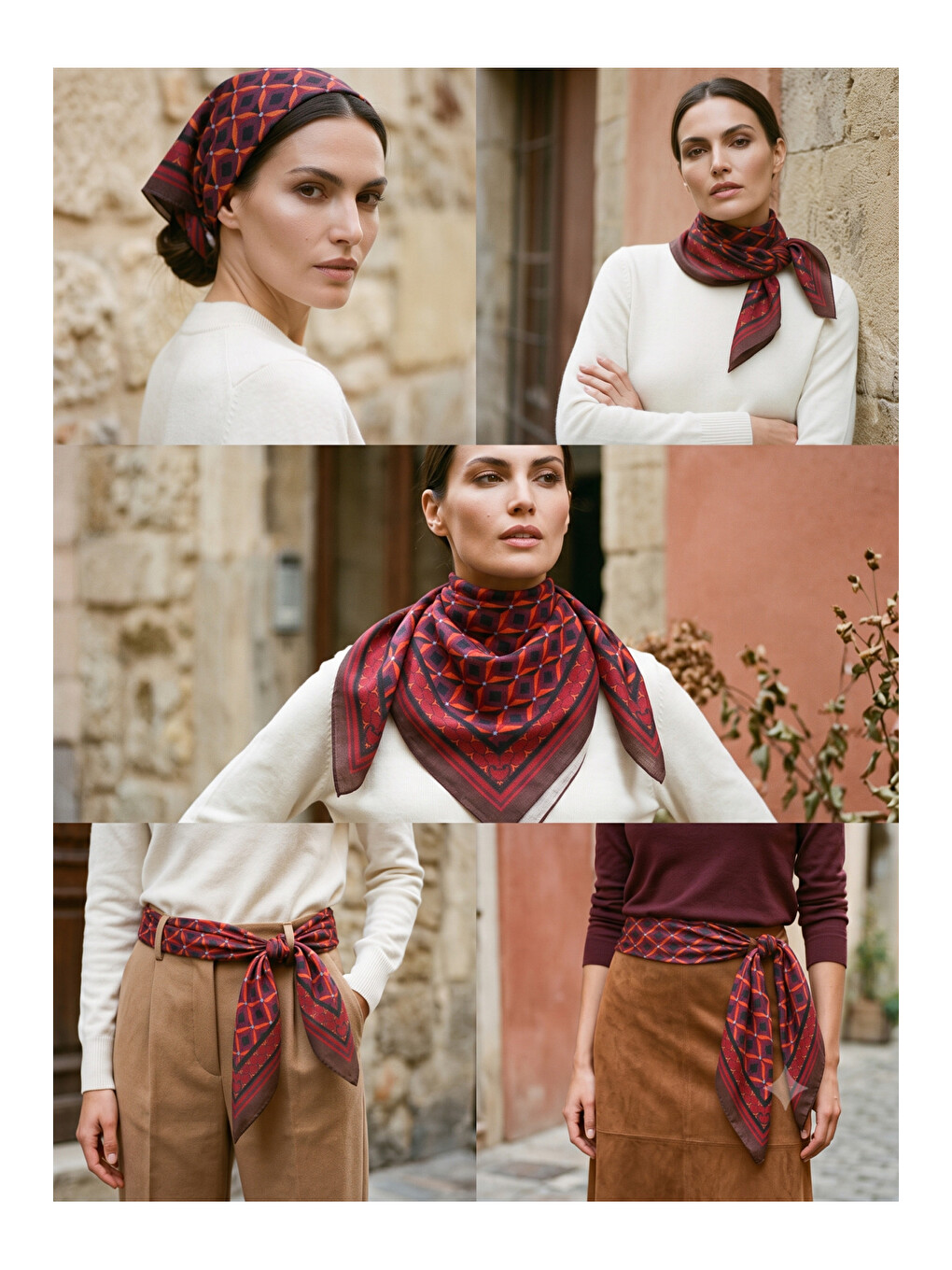 Kadın Bordo Baklava Desenli Pamuk 70x70 Ithal Fular Flr6012-1