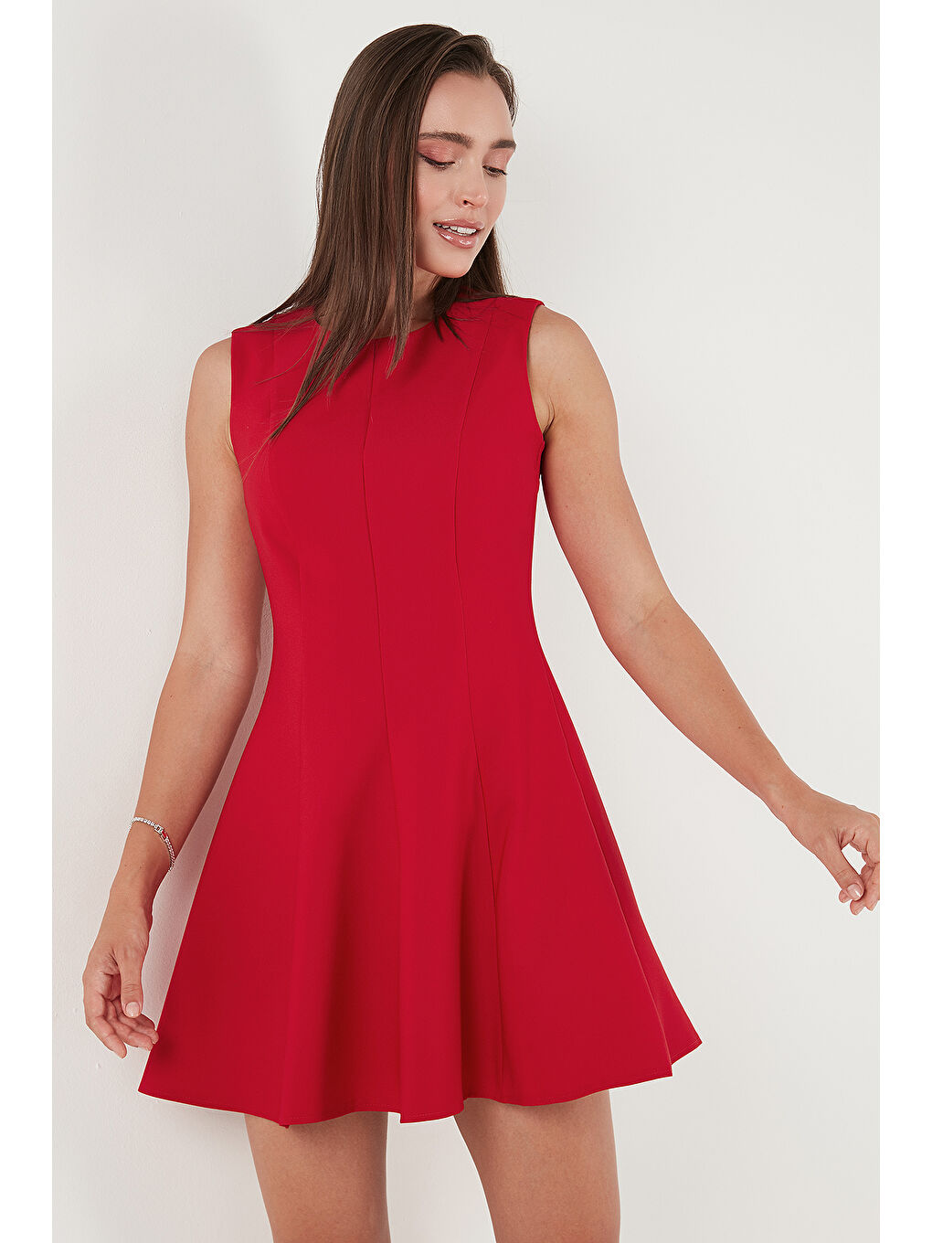 Kırmızı Regular Fit Bisiklet Yaka Volanlı Mini Boy Elbise 6525647-3