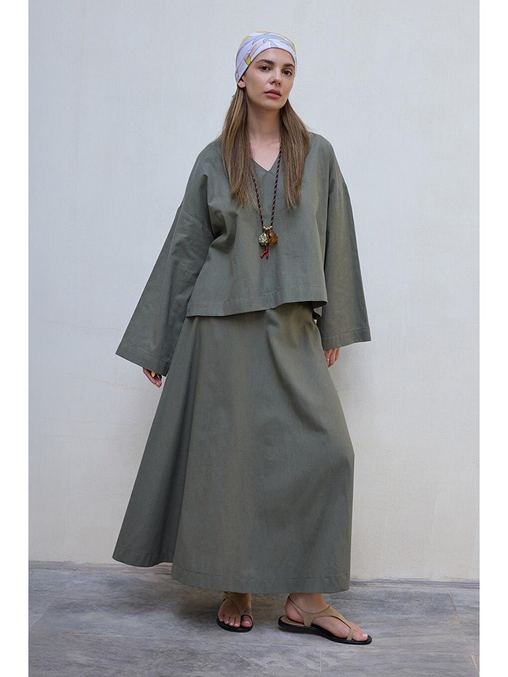 Lune Keten Gömlek Etek Takım Yeşil