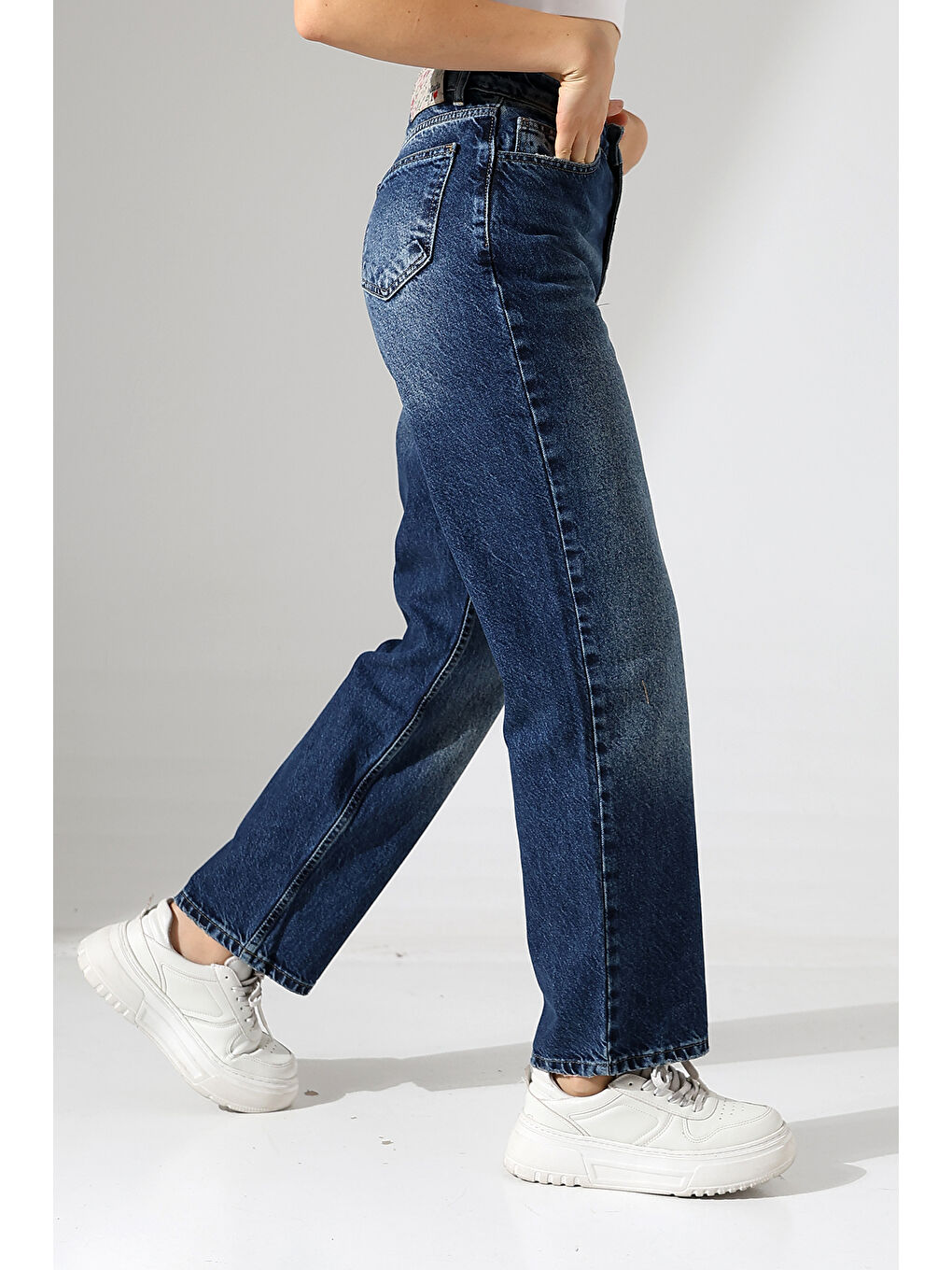 Lacivert Kadın Koyu Mavi Yüksek Bel Düz Paça Jean-4