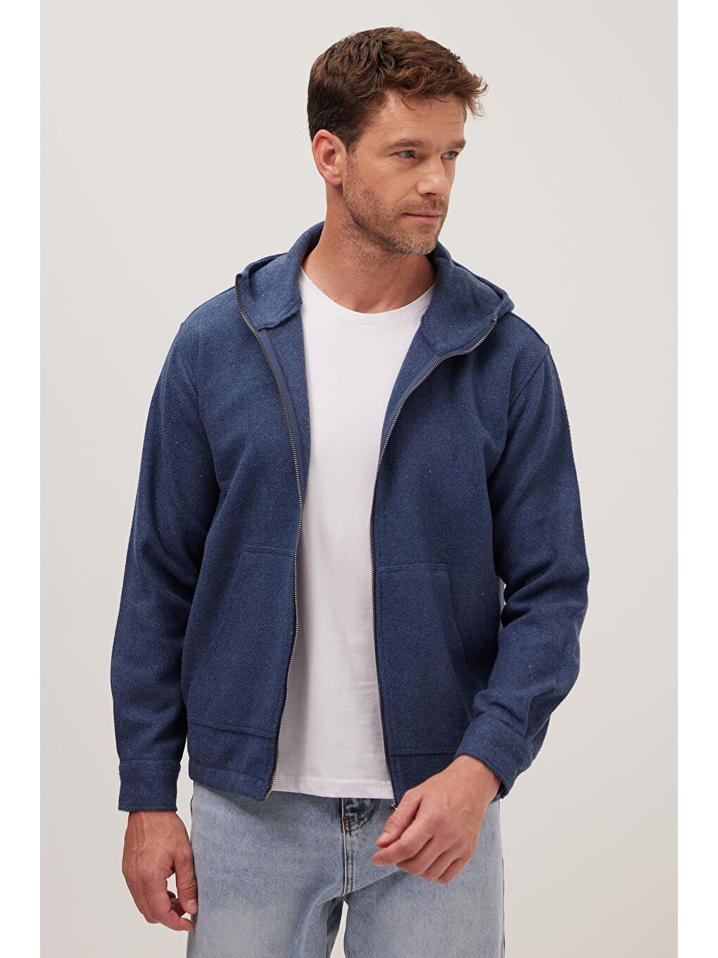 Erkek Relax Fit Rahat Kesim Fermuarlı Çift Cep Kapüşonlu İndigo Sweatshirt