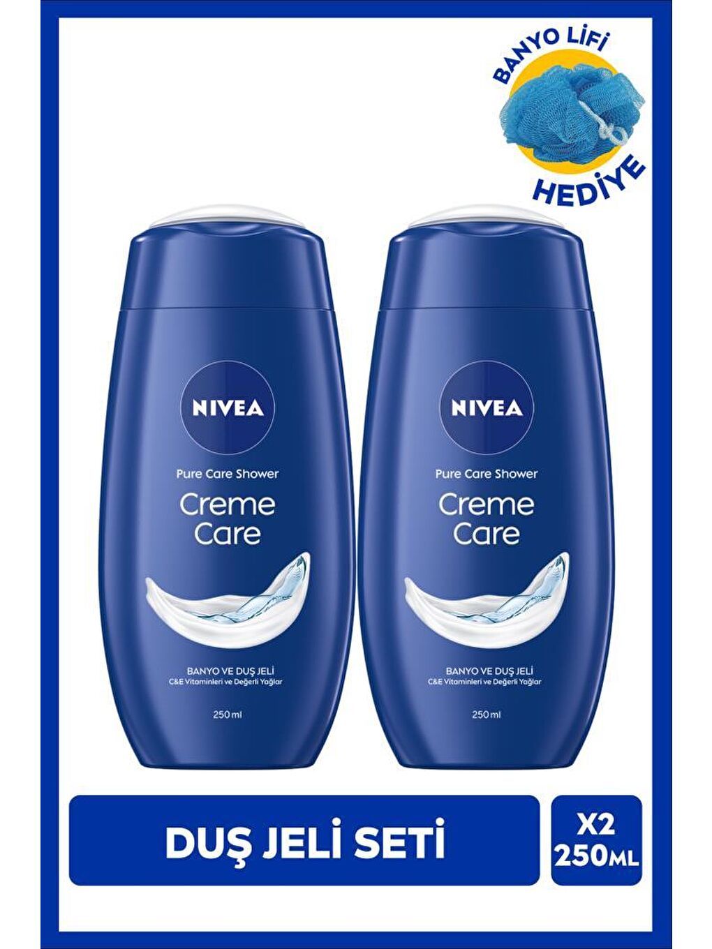 Creme Care Nemlendirici Duş Jeli 250ml ve Banyo Lifi Hediyeli, C Vitamini, Değerli Yağlar, X2 Adet,